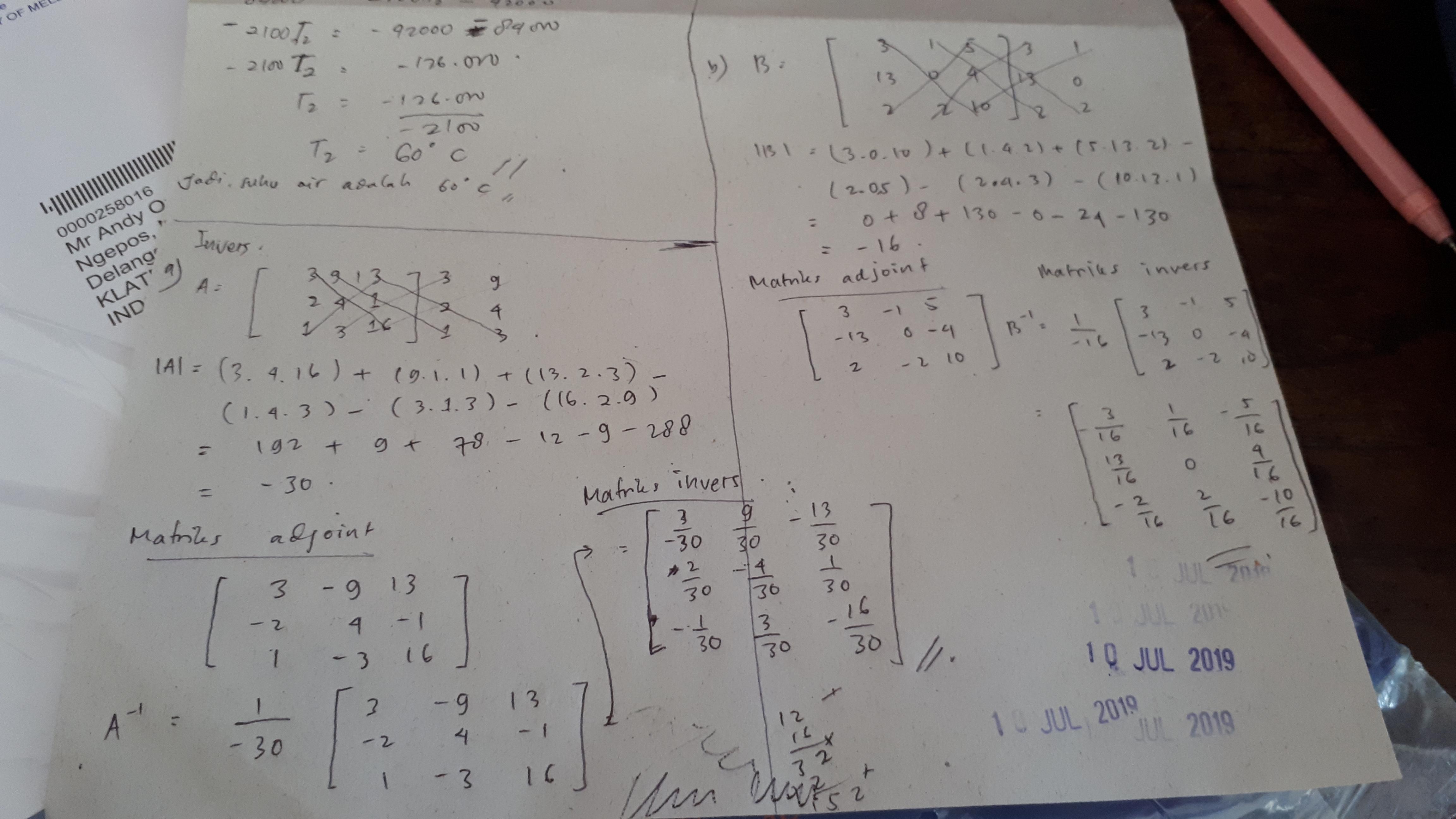 tentukan invers dari matriks a. 3 9 13 2 41 1 3 16 b. 3 1