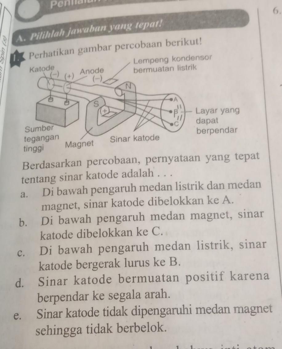 berdasarkan percobaan,pernyataan yang tepat tentang sinar katode adalah