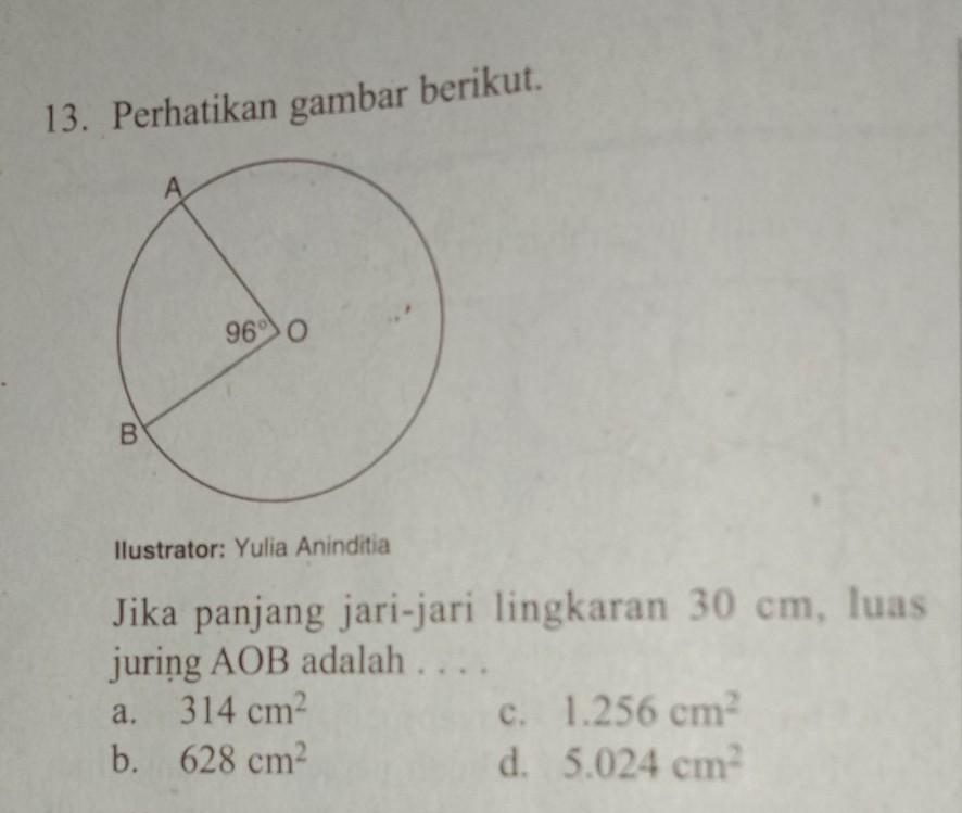 jika panjang jari jari lingkaran 30 cm luas juring AOB adalah Brainly