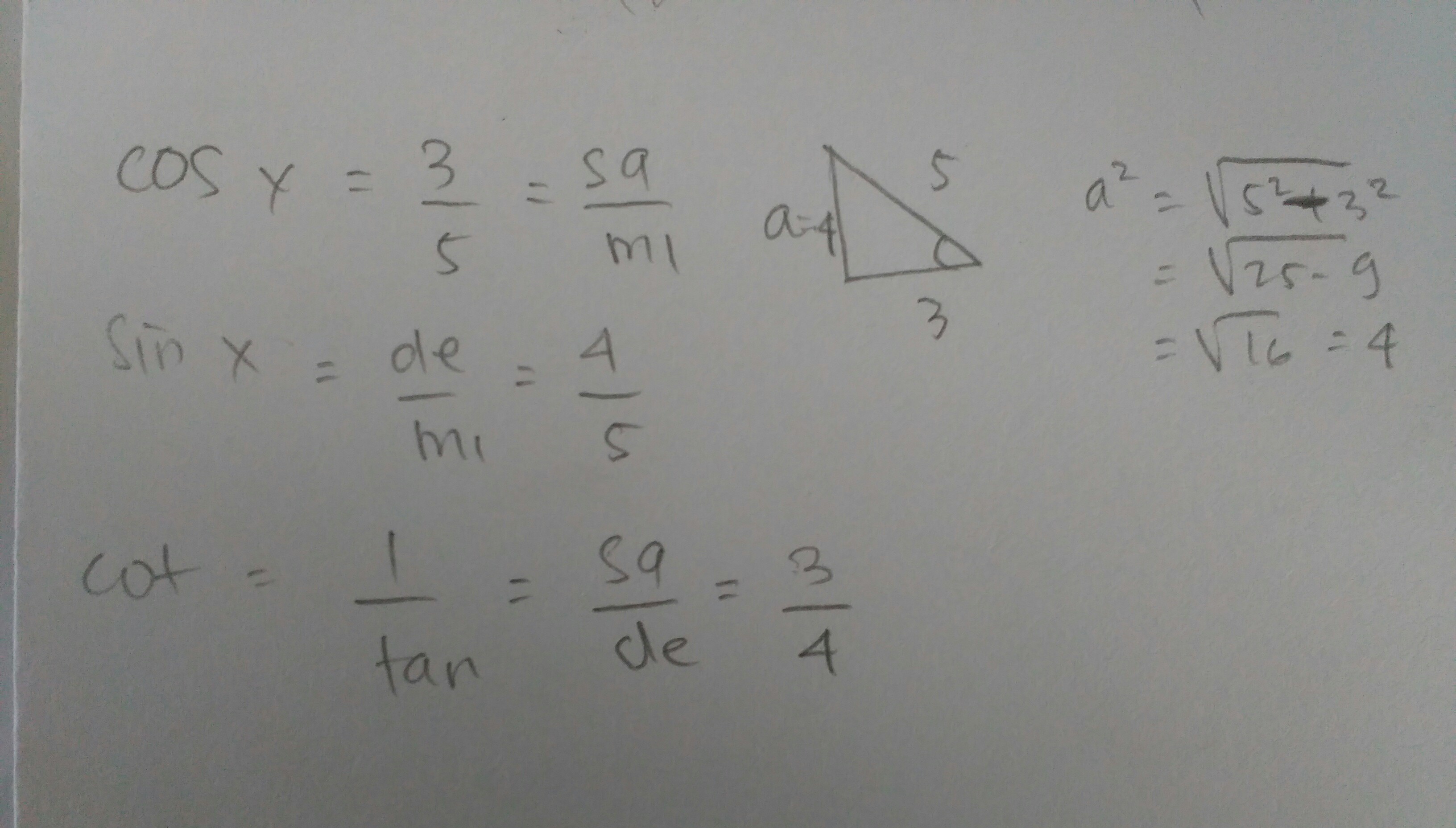 tentukan nilai sin x dan cot x, jika diketahui cos x=3/5