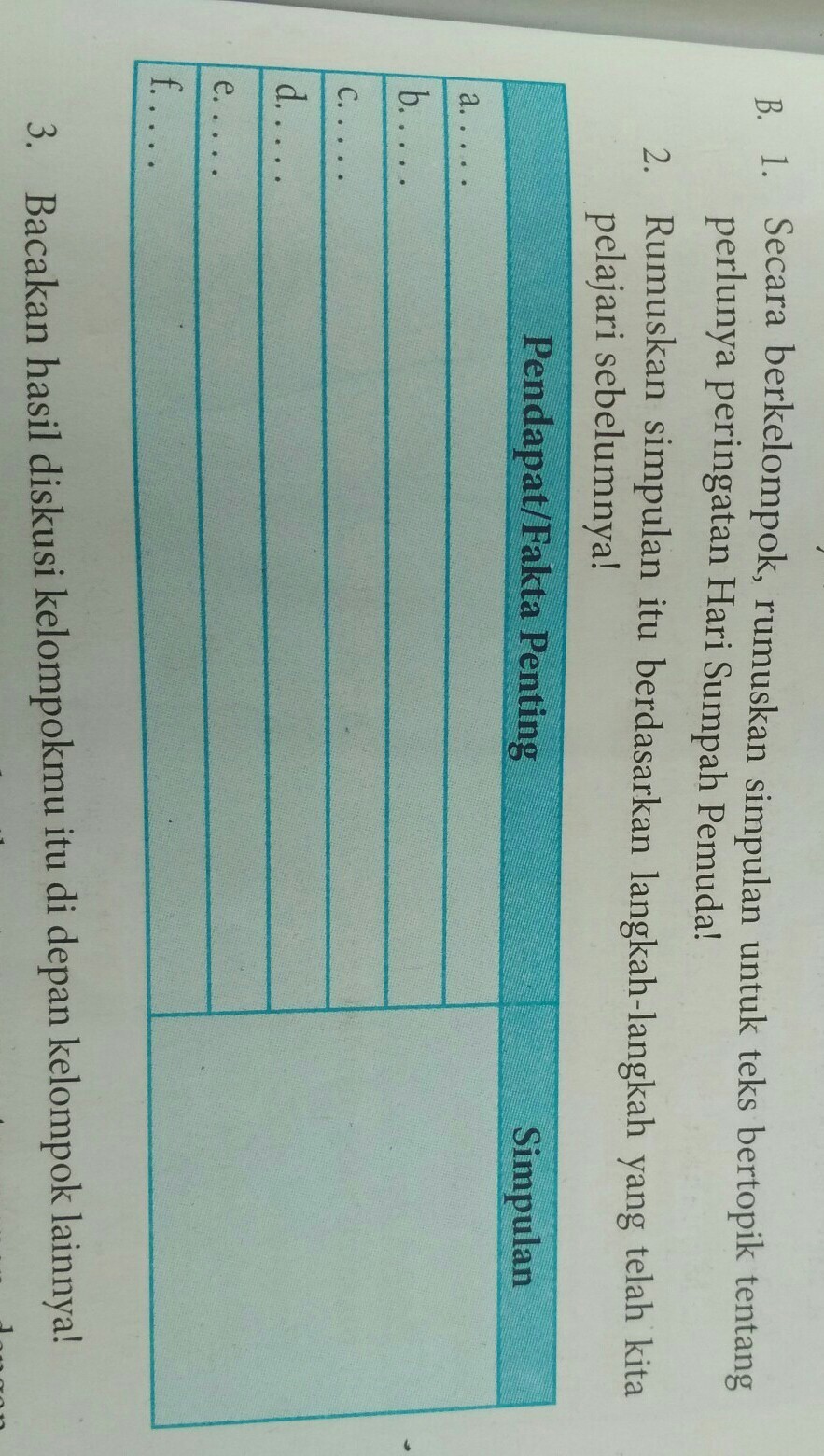 B. 1. Secara bekelompok, rumuskan simpulan untuk teks