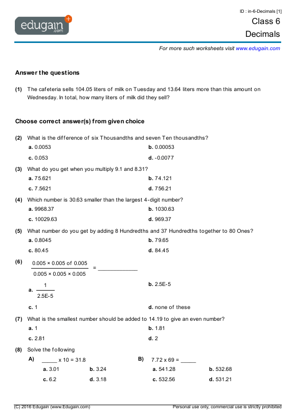 Grade 6 - Decimals | Math Practice, Questions, Tests, Worksheets, Quizzes, Assignments | Edugain Indonesia