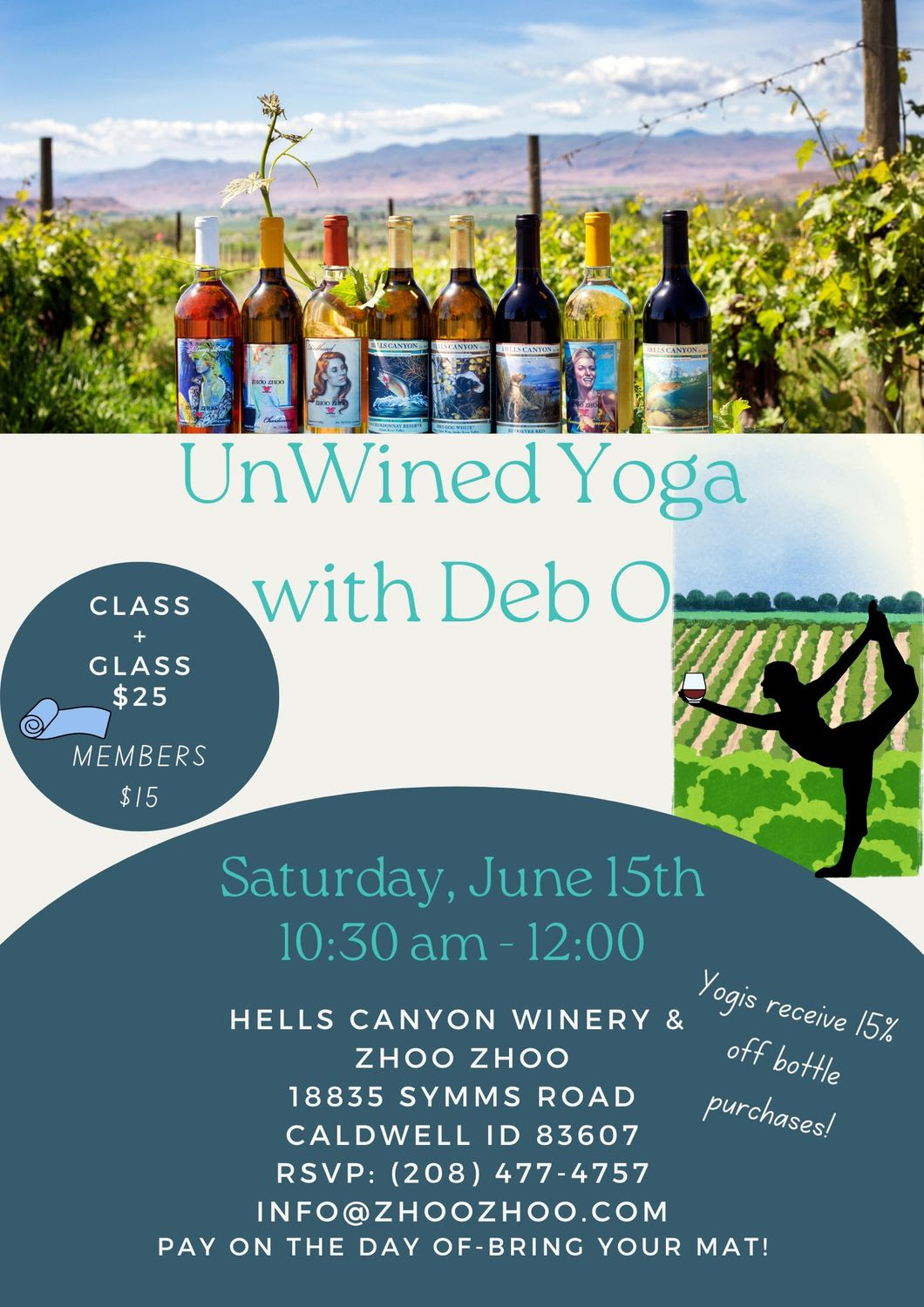Unwined Yoga with Deb O Zhoo Zhoo / Hells Canyon Winery Idaho Wine