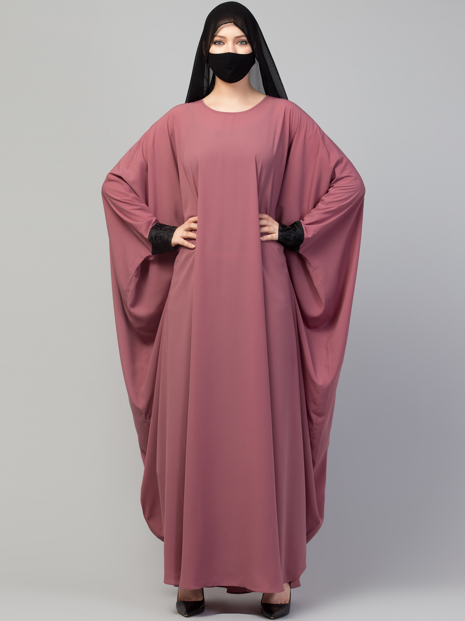 Dubai Stylish Kaftan Abaya With Lacework Puce Pink