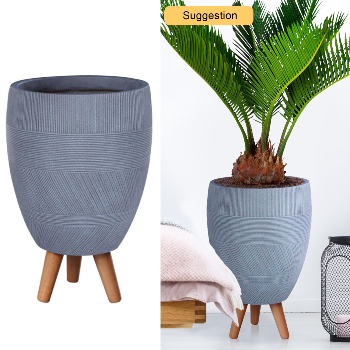 Striped Grey Egg Planter on Legs, Round Pot Plant Stand Indoor D35.5 H52 cm, 35.3 ltrs Cap. buy