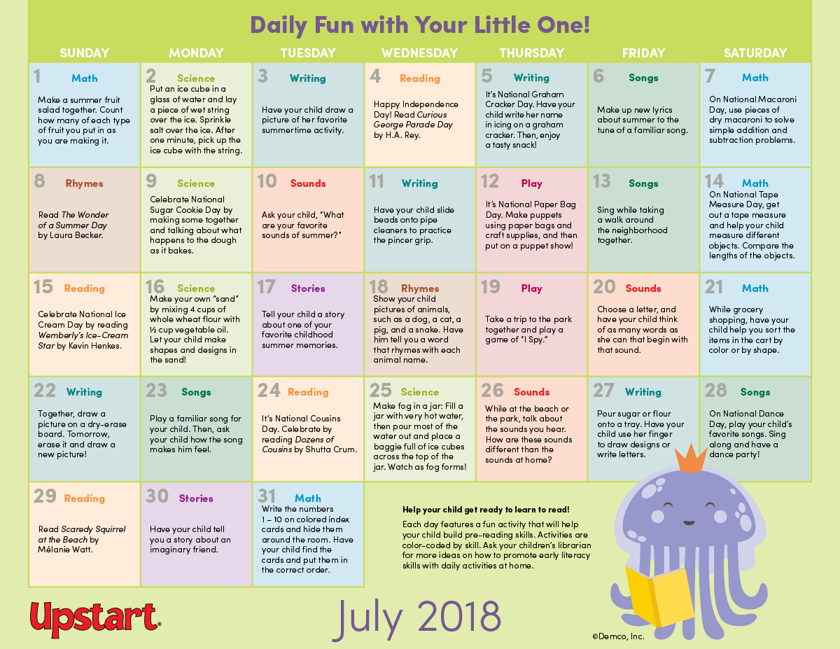 Early Literacy Activity Calendar July 2018. Keep kids learning this July!