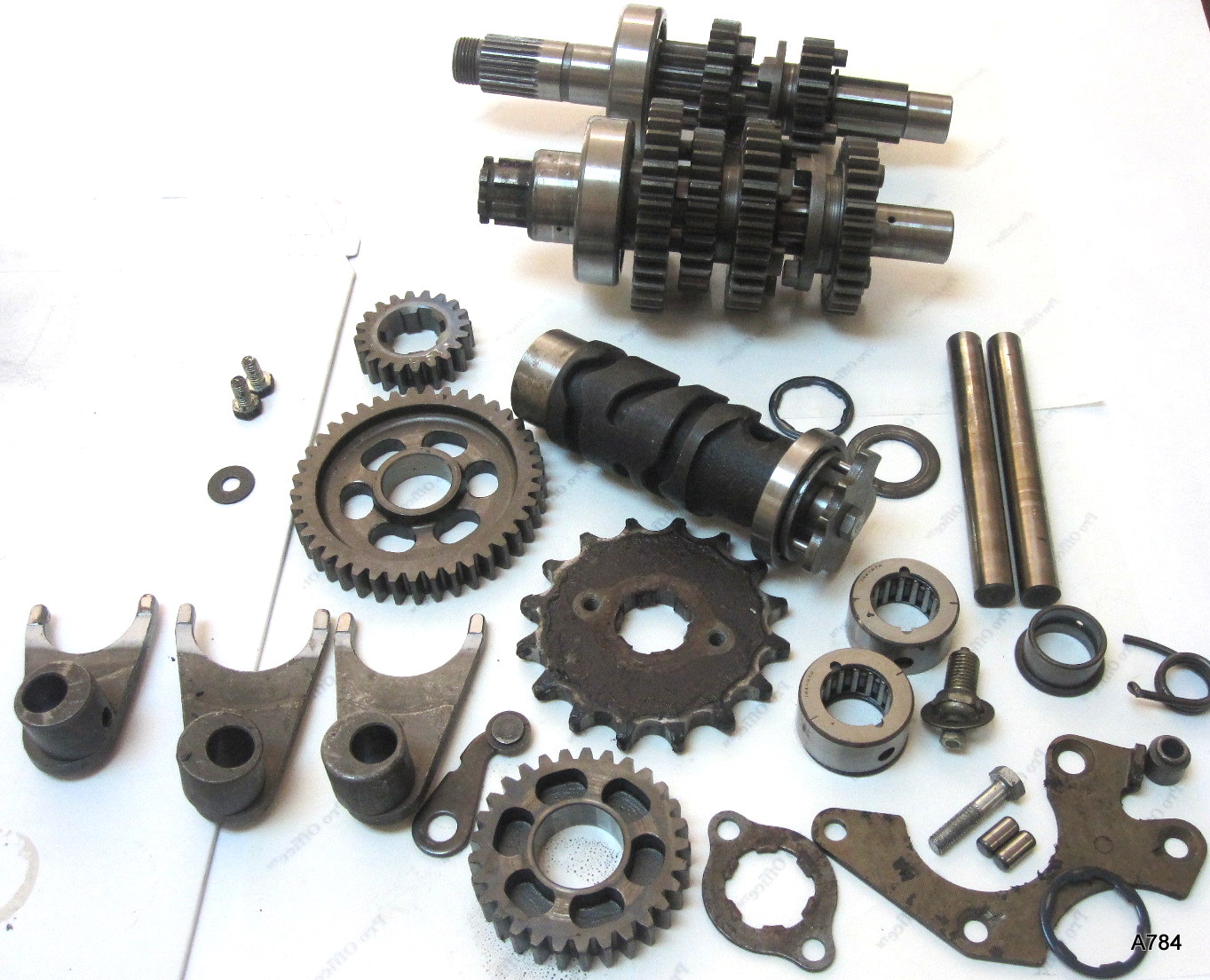 This is a transmission assembly from a Honda CB400 Hawk motorcycle. Fits 197879 models. 5493