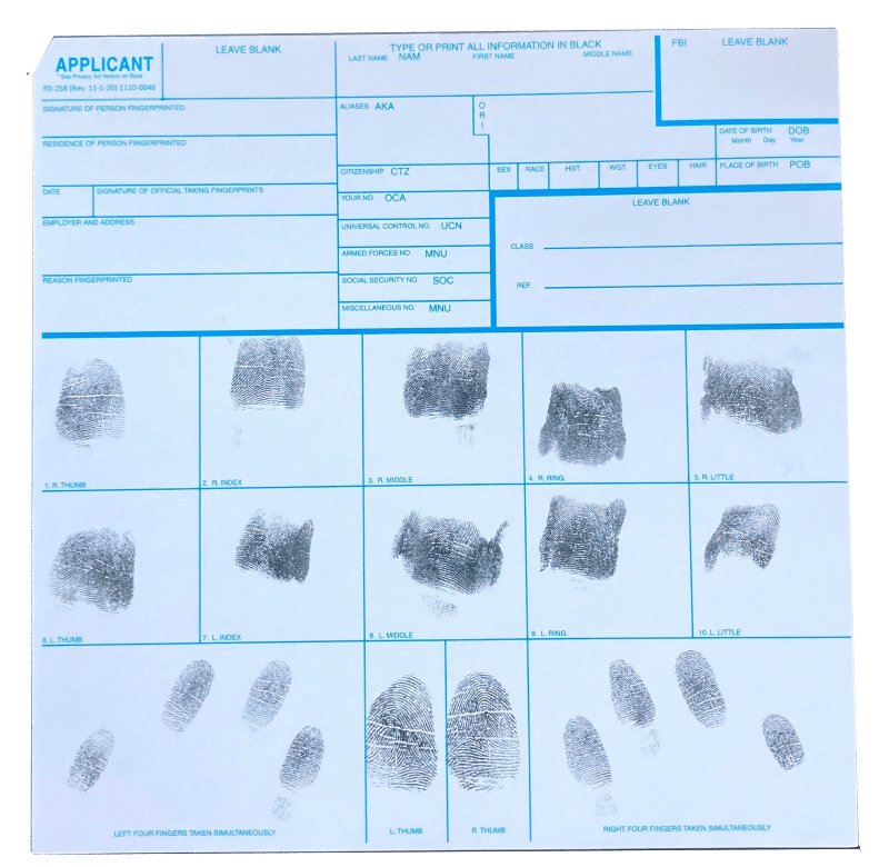 Fingerprint Cards – FBI Form FD-258, 25 Pack - IDScan.net