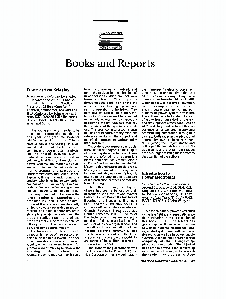 Power System Relaying [Books and Reports] IEEE Journals & Magazine