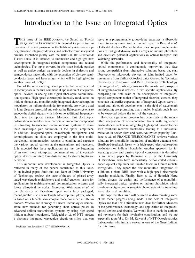 Introduction To The Issue On Integrated Optics IEEE Journals