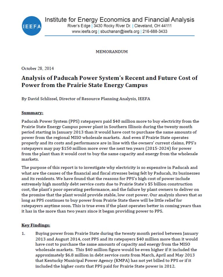 Memo Analysis of Paducah Power System’s Recent and Future Cost of