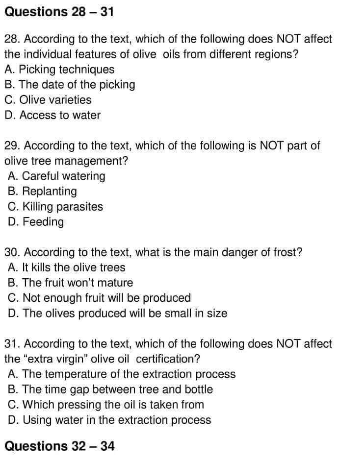 Olive Oil Production IELTS Reading Answers