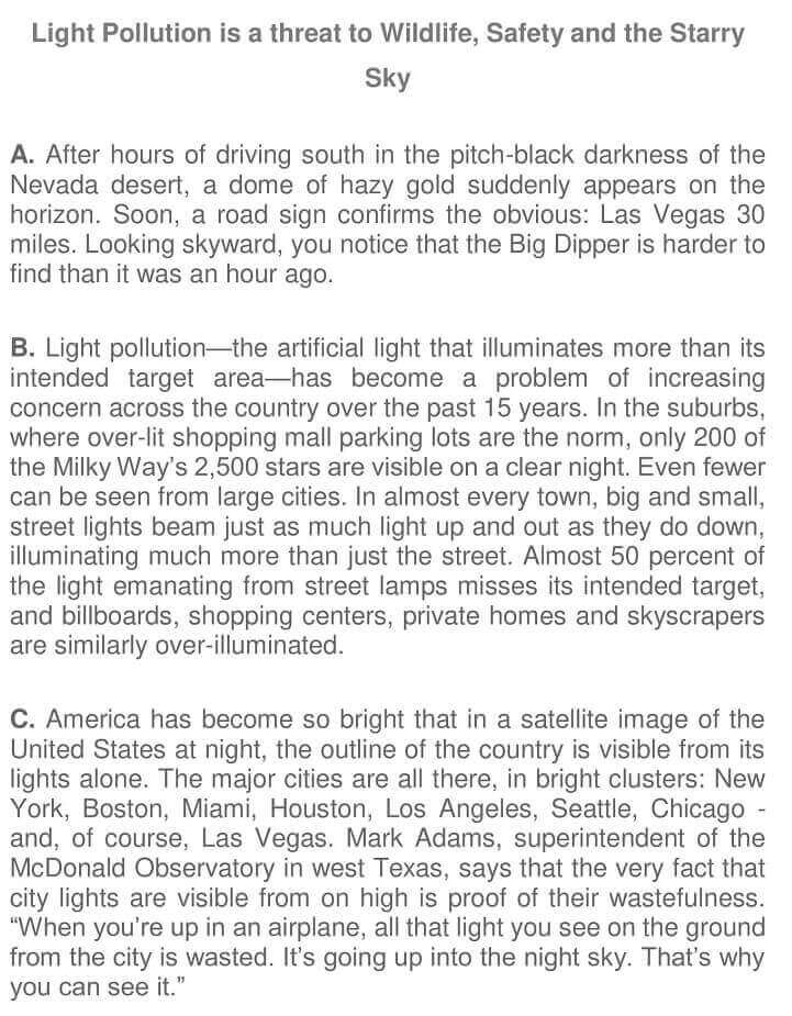 Light Pollution IELTS Reading Answers