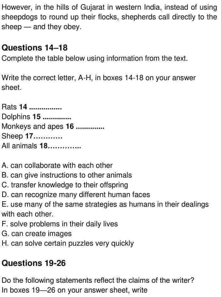 Testing Animal Intelligence IELTS Reading Answers