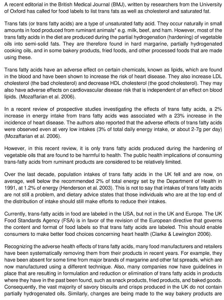 Trans Fatty Acids IELTS Reading Answers