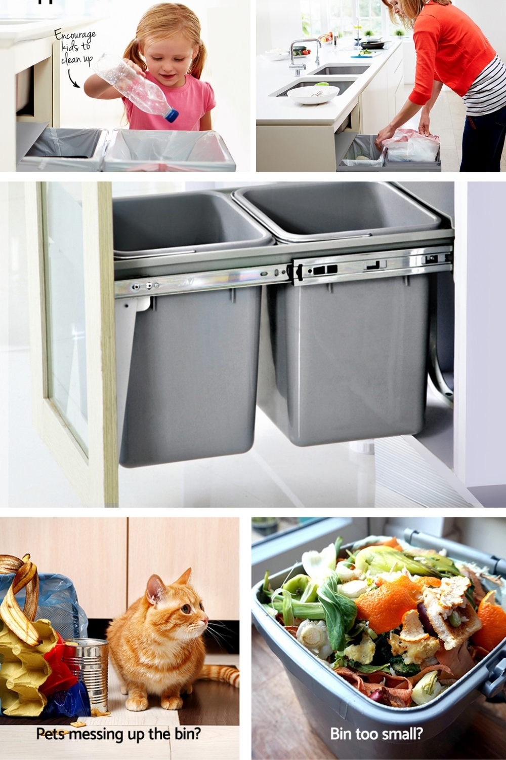 Kitchen Bin Under Bench Counter Sink Pull Out 2 x 15L Twin Pull Out