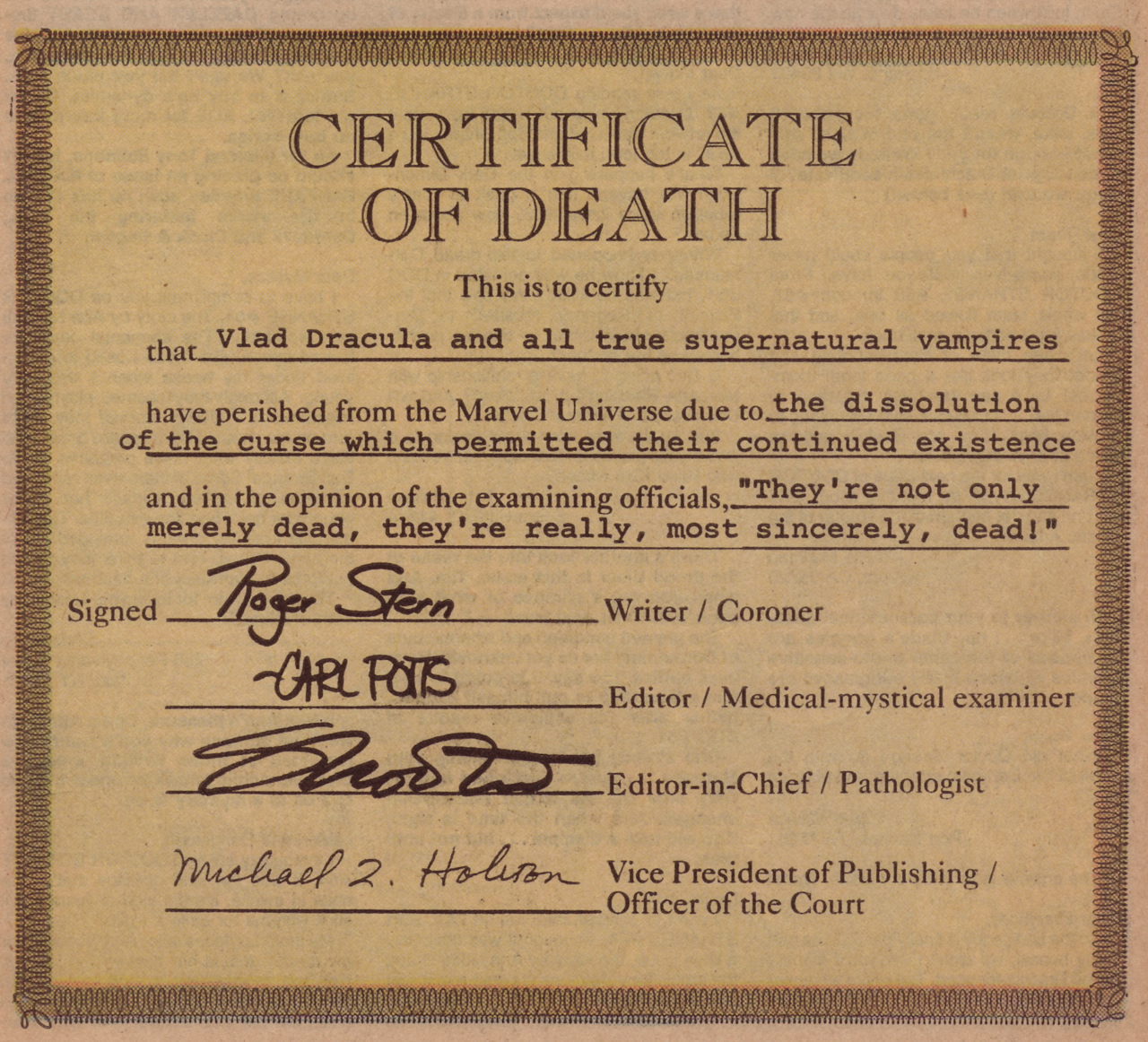 OFFICIAL DOCUMENT Marvel’s Dracula Already Legally Dead!