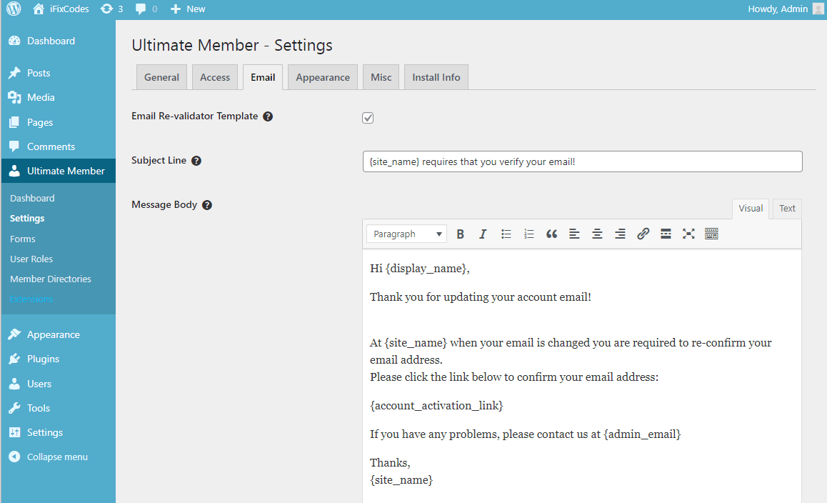 Template samples Email Revalidator Plugin for Ultimate Member