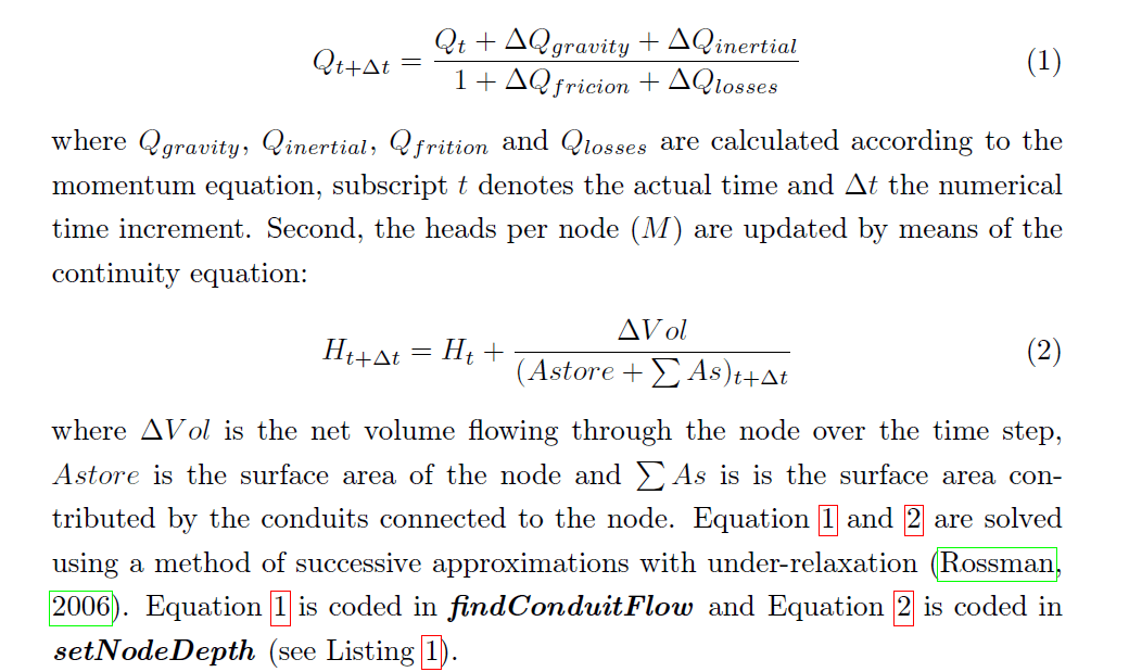 SWMM 5 solution for the St Venant Equation and the Node Continuity