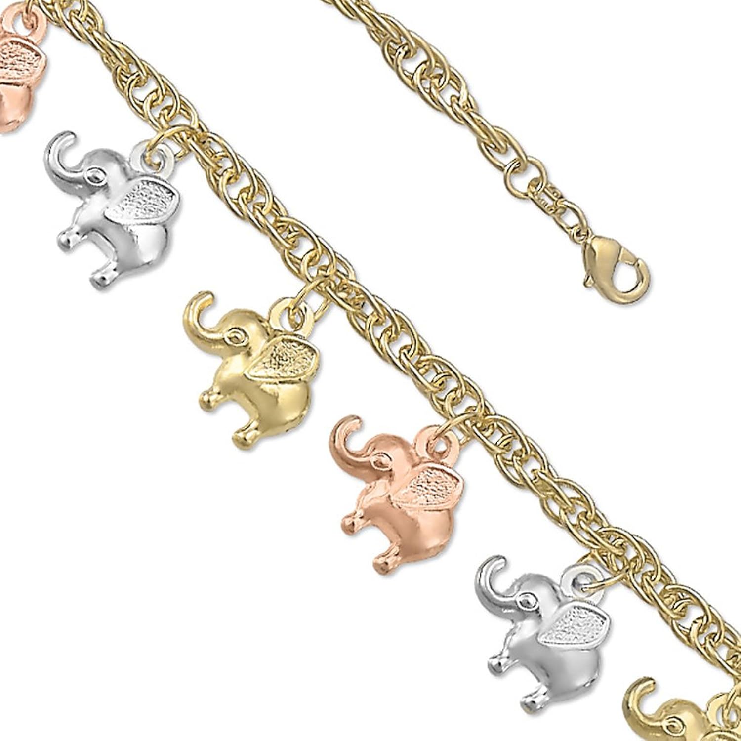 7″ Tricolor Elephant 14K Yellow Gold Plated Hanging Charm Bracelet Orotex INC
