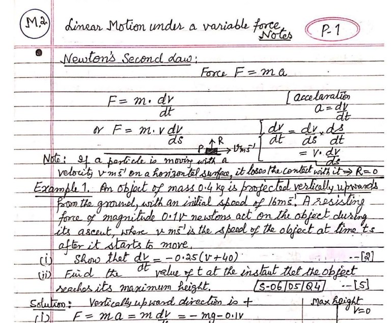 ASLEVEL FURTHER MATHEMATICS (9231) MECHANICS 2 LINEAR MOTION UNDER