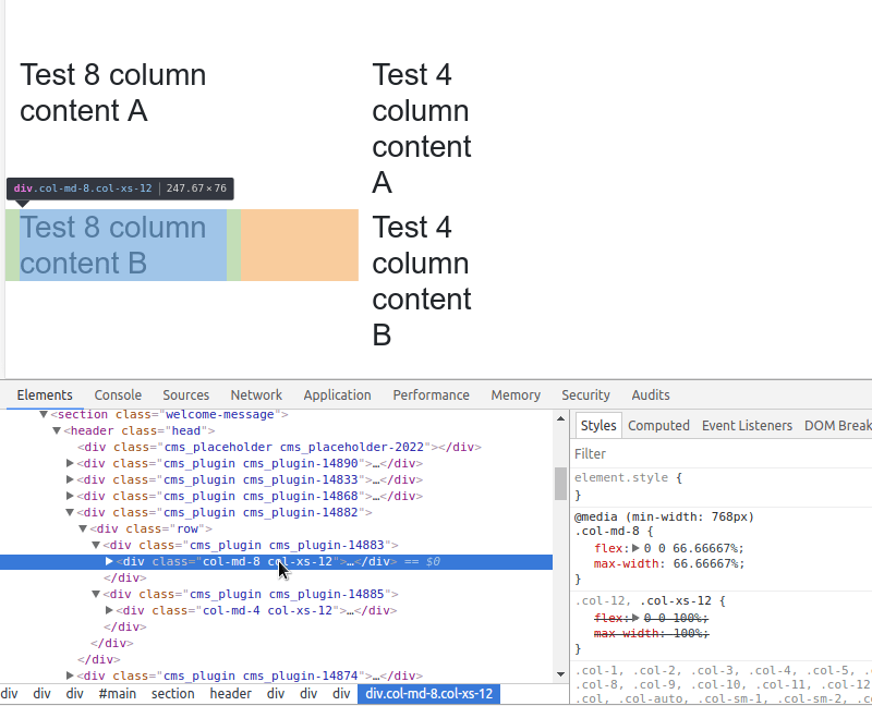 Django CMS doesn't work with Bootstrap 4 and flexbox layouts I got a