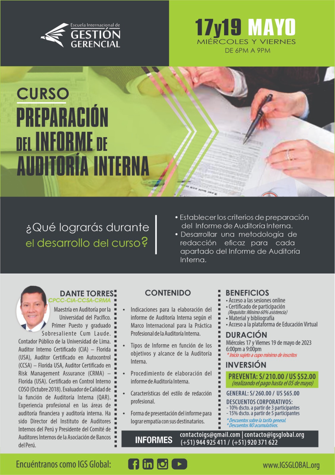 Inicio 17 de mayo Curso “Preparación del Informe de Auditoría Interna