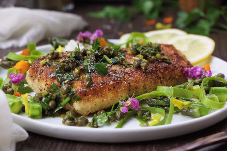 Paleo Halibut Lemon Piccata Asparagus Salad