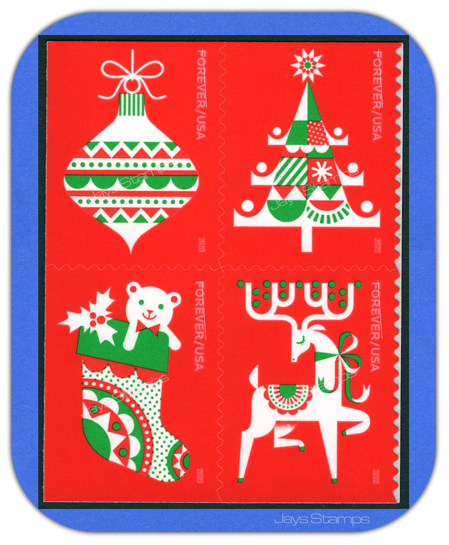 2020 HOLIDAY DELIGHTS Block of 4 attached USPS Forever® Stamps 5526
