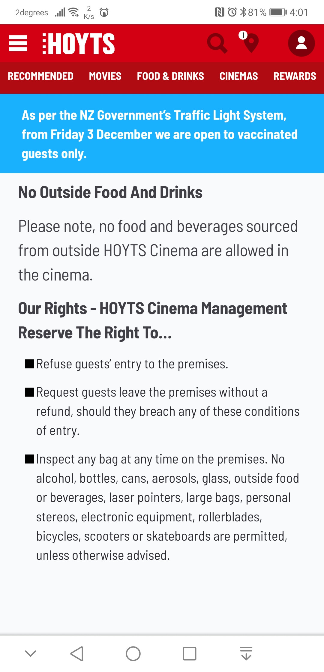 Does Hoyts EntX let you bring in a backpack or bag with your own snacks