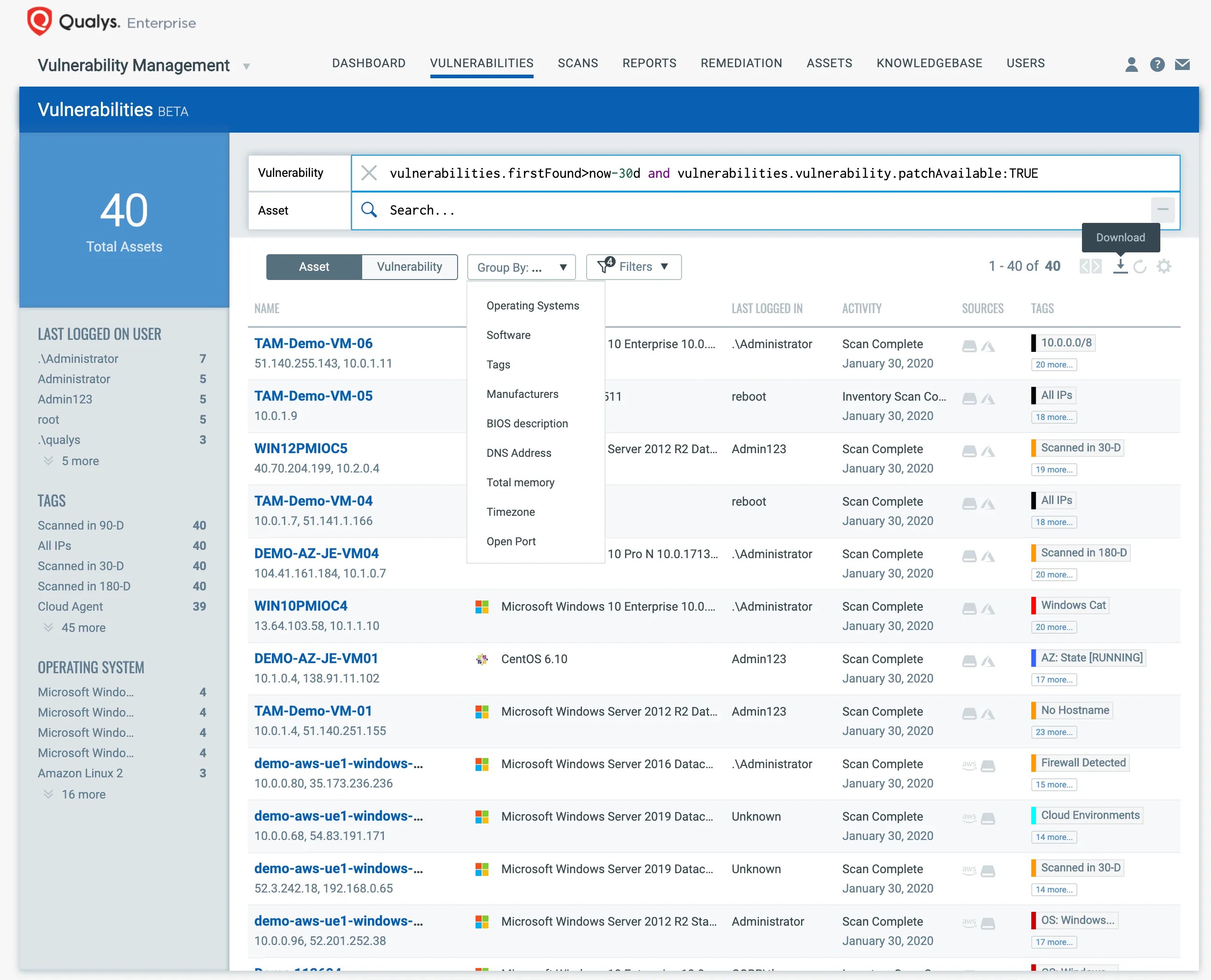 Actionable Searching and Data Download with Vulnerability Management