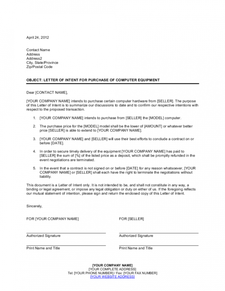 Letter Of Intent For Purchase Of Computer Equipment Template Software