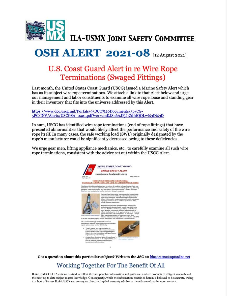ILAUSMX Joint Safety Committee OSH Alert 202108 U.S. Coast Guard
