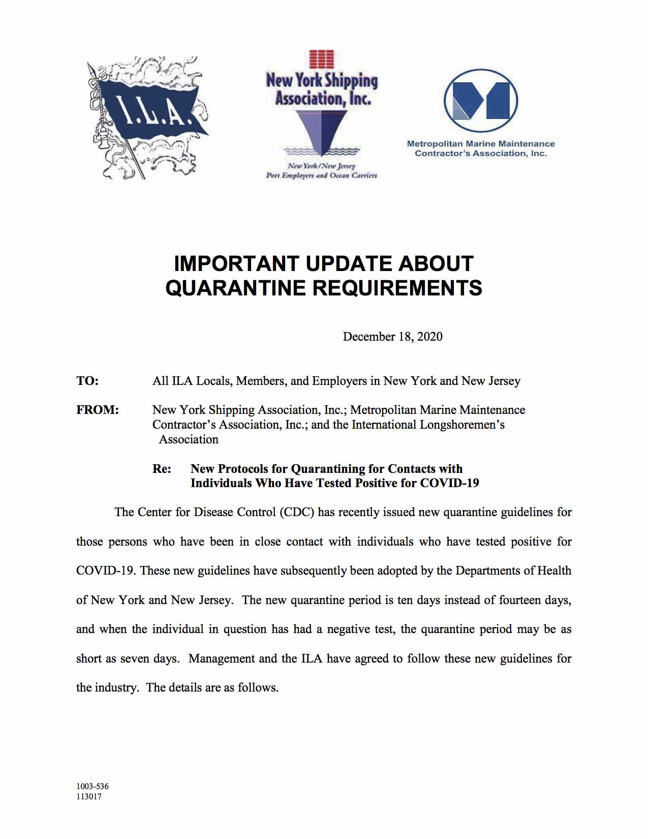 NEW IMPORTANT UPDATE ABOUT QUARANTINE REQUIREMENTS ISSUED IN MEMO FROM