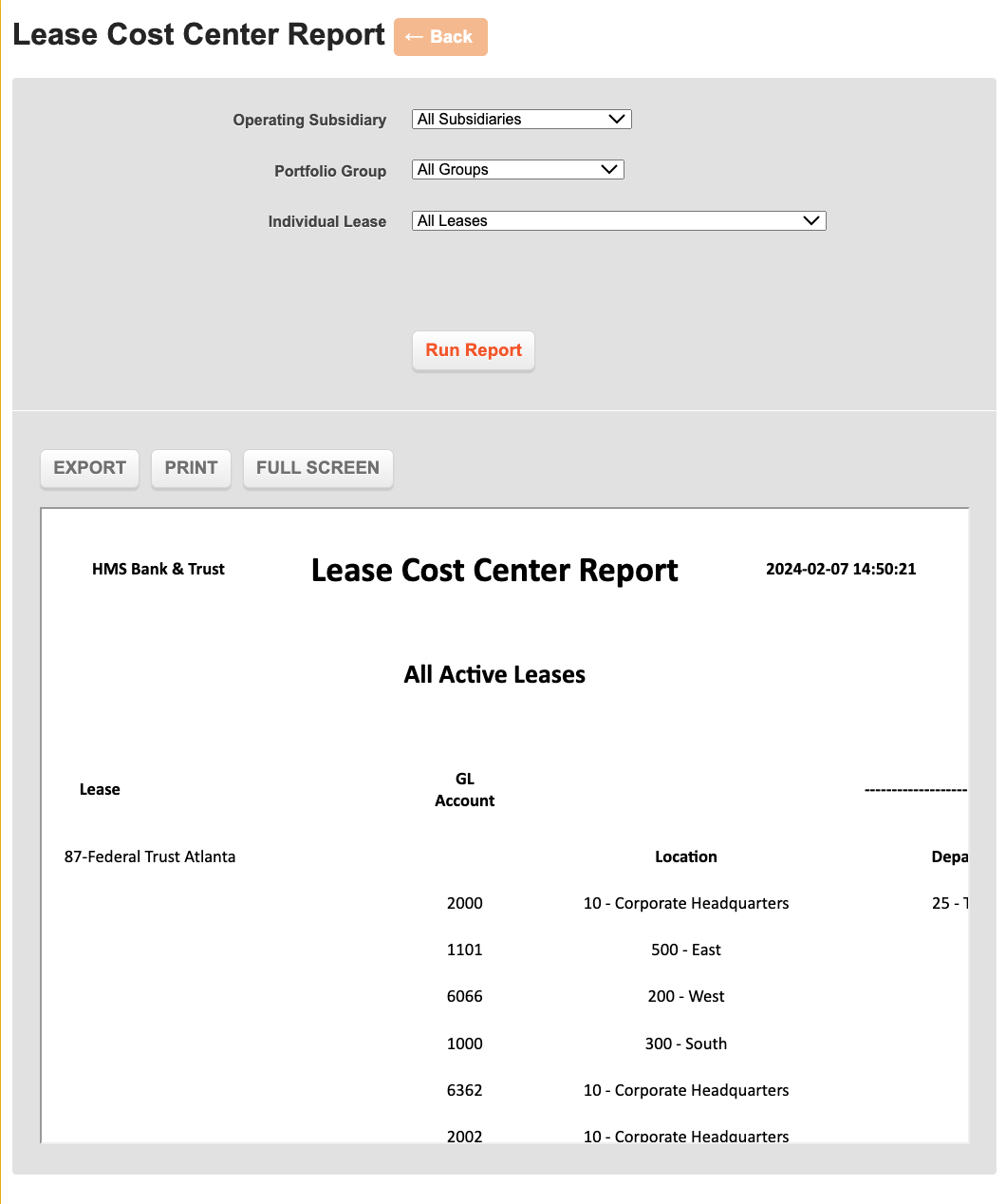 Lease Cost Center Report iLeasePro
