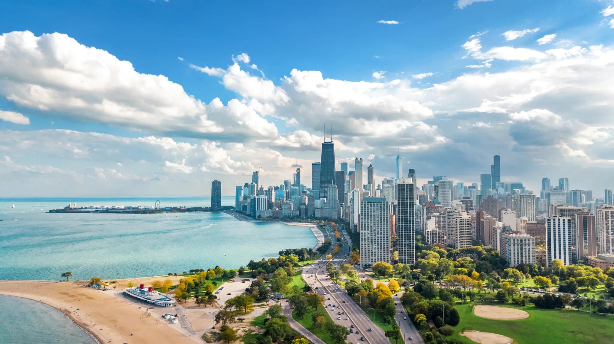 Chicago skyline aerial drone view from above, lake Michigan and city of