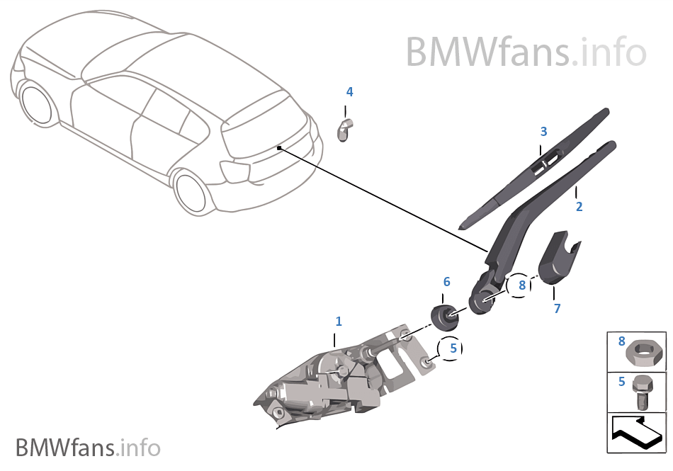 Single parts for rear window wiper BMW 1' F20 116i N13 Europe