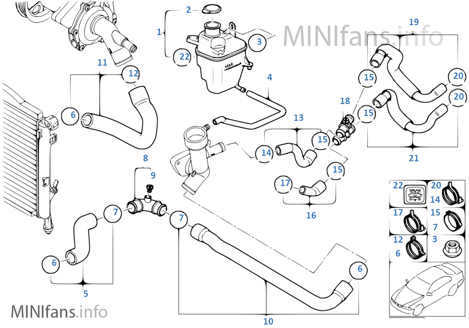 Expansion tank/coolant hoses Mini MINI R50 One 1.4i W10 Europe