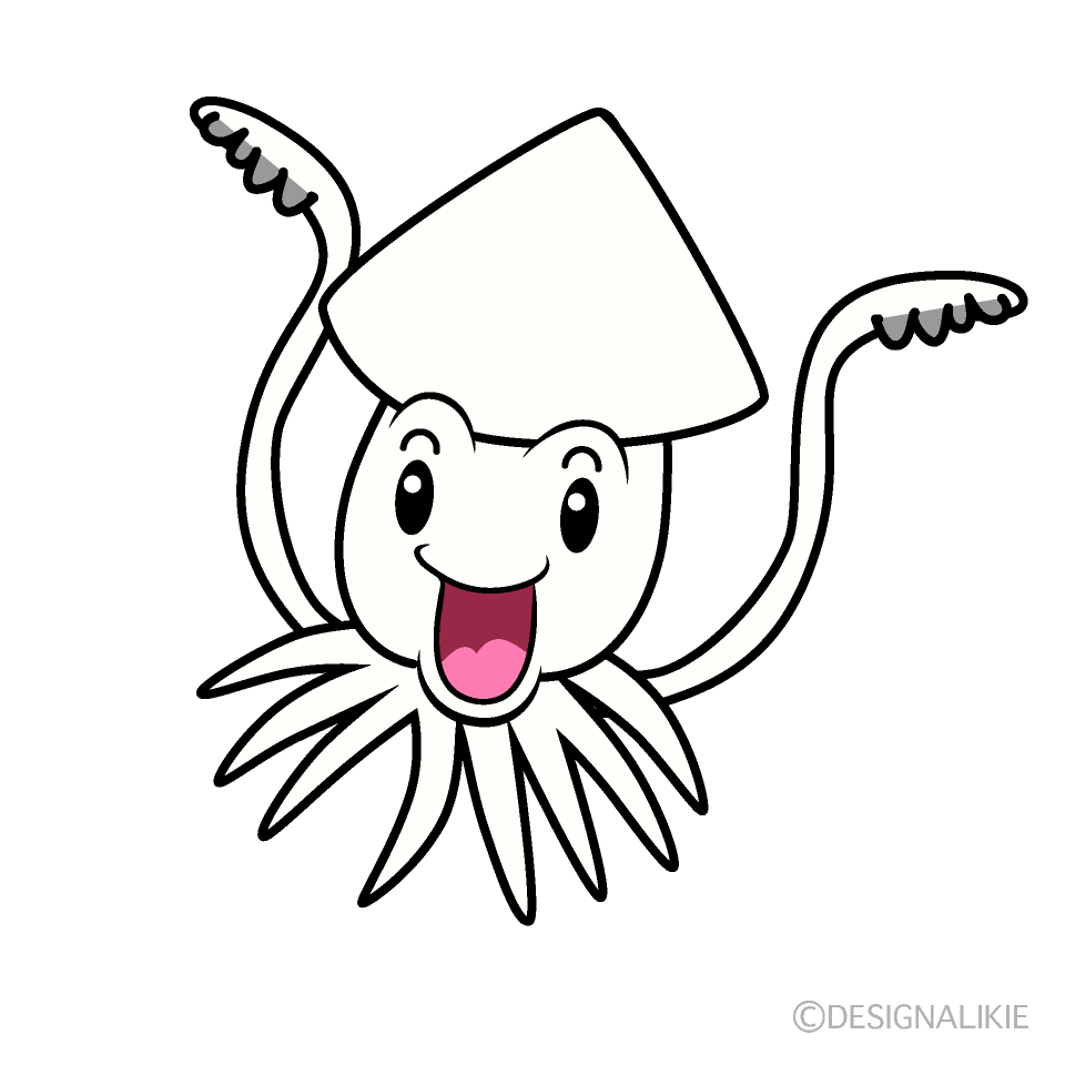 かわいいイカの白黒イラスト02 | かわいい無料の白黒イラスト モノぽっと かわいい驚くイカのイラスト素材｜Illustcute