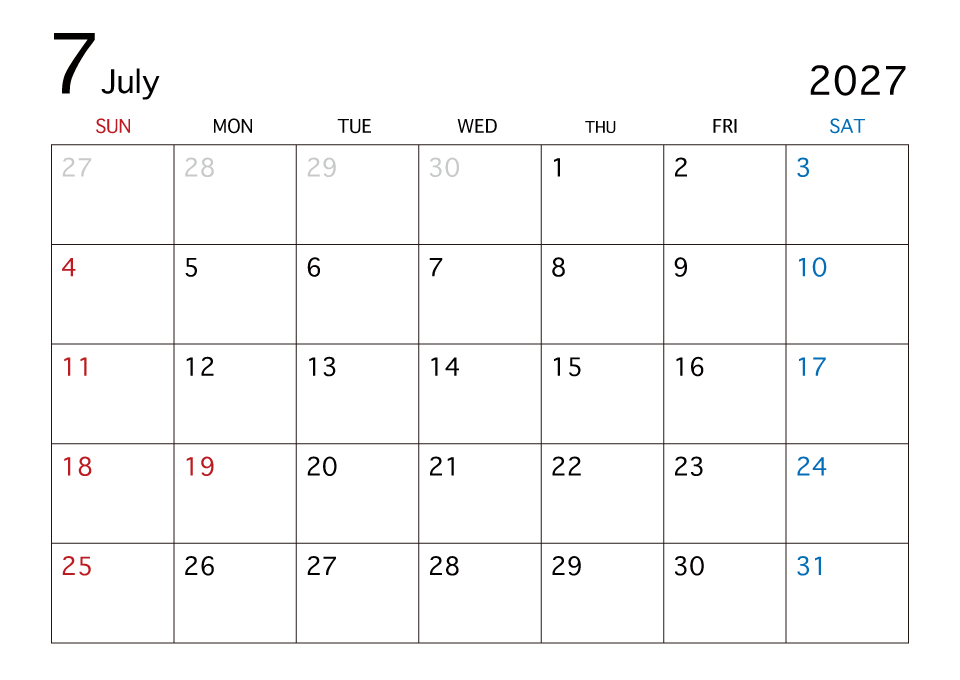 2019年7月無料カレンダー（シンプルだけどかわいい） | 園だより、おたよりで使えるかわいいイラストの無料素材集【イラストだより】 2023年7月カレンダーイラストのフリー素材｜イラストイメージ