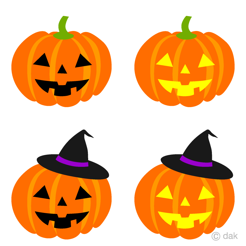 かわいいハロウィンかぼちゃのイラスト - イラストストック 魔女帽子とハロウィンかぼちゃ４種イラストのフリー素材｜イラストイメージ
