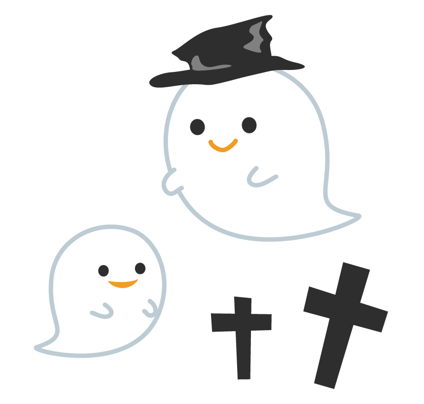 ハロウィンのお化け | 無料イラスト＆かわいいフリー素材集 ねこ画伯コハクちゃん ハロウィン・かわいいお化けと十字架のイラスト | フリー素材 イラストミント