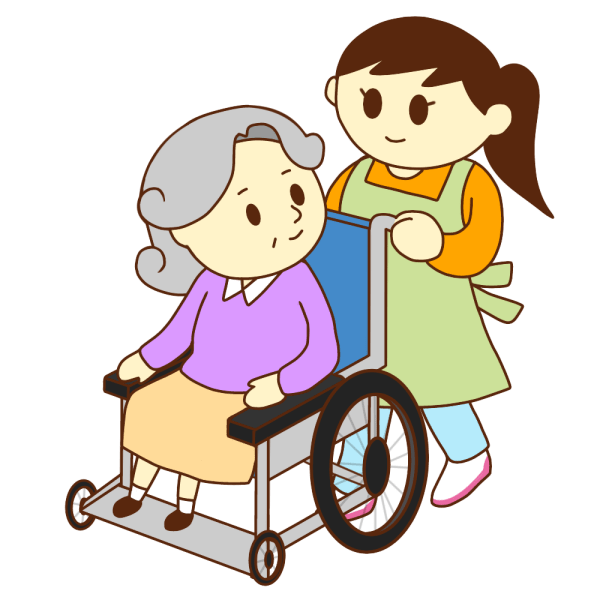 車いすのお婆さんと女性スタッフのイラスト かわいいフリー素材が無料のイラストレイン