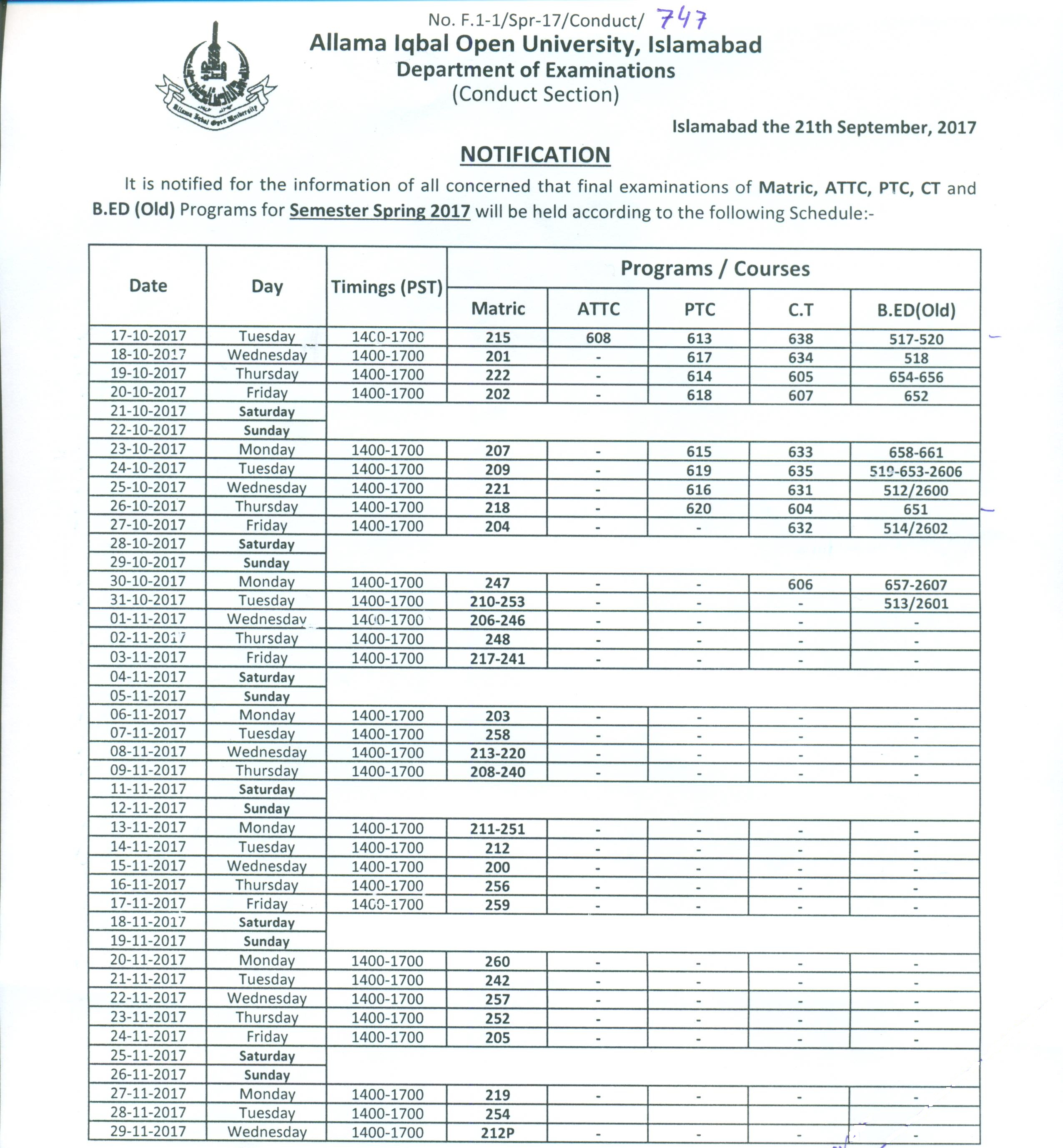AIOU Matric FA BA Date sheet 2017 For Spring Exams