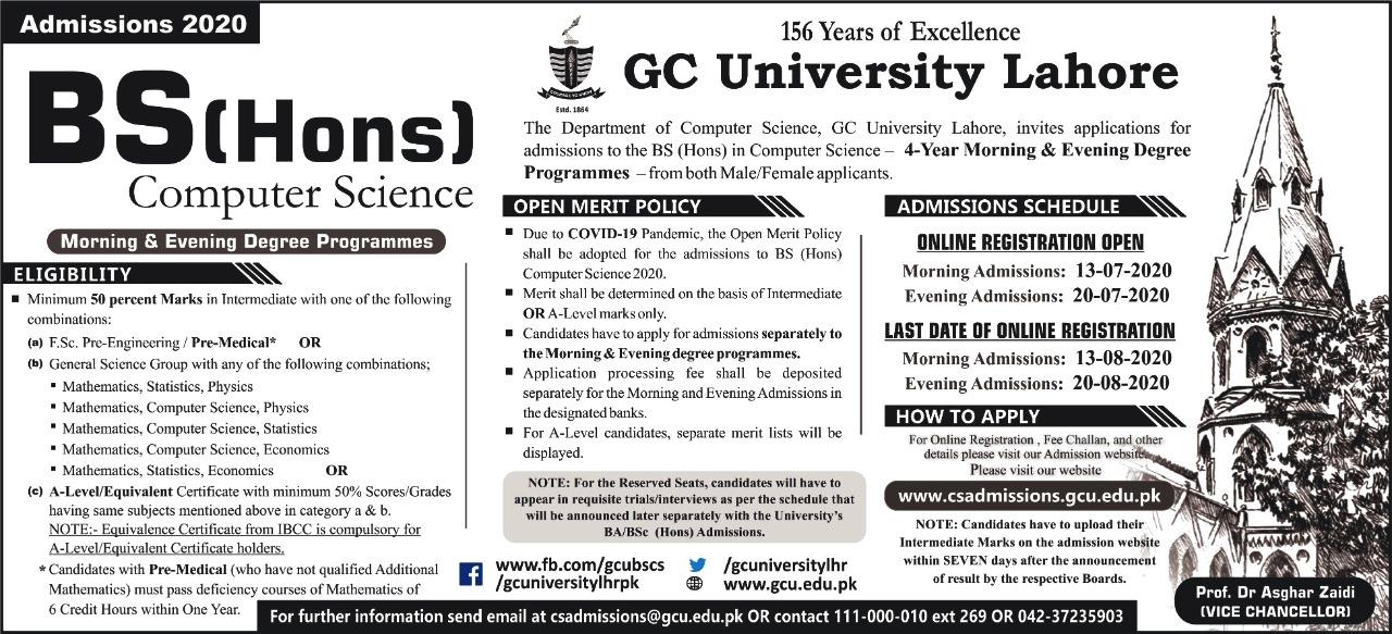 GC University Lahore BS, MS Computer Science Admission 2023