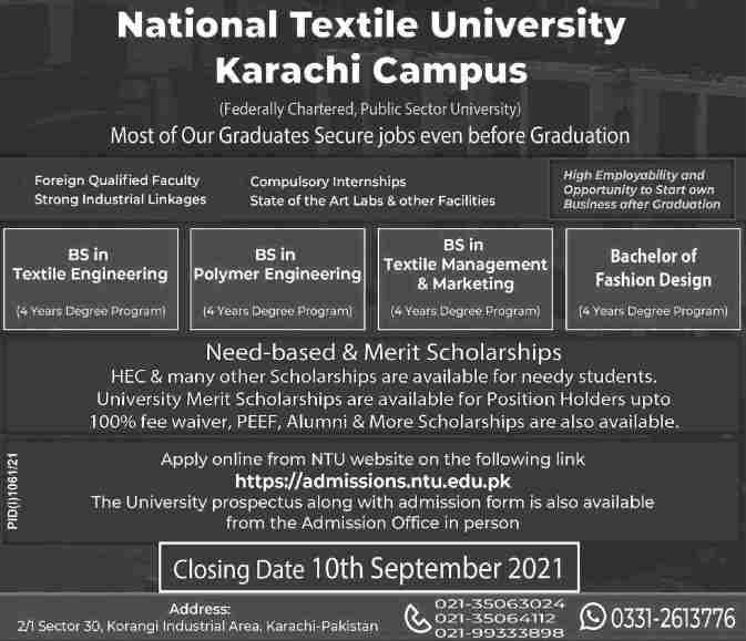 National Textile University Karachi Campus Admission 2022
