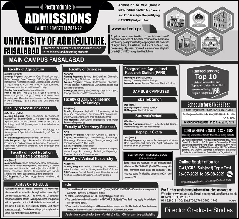 Uaf Fall 2022 University Of Agriculture Postgraduate Admission 2022