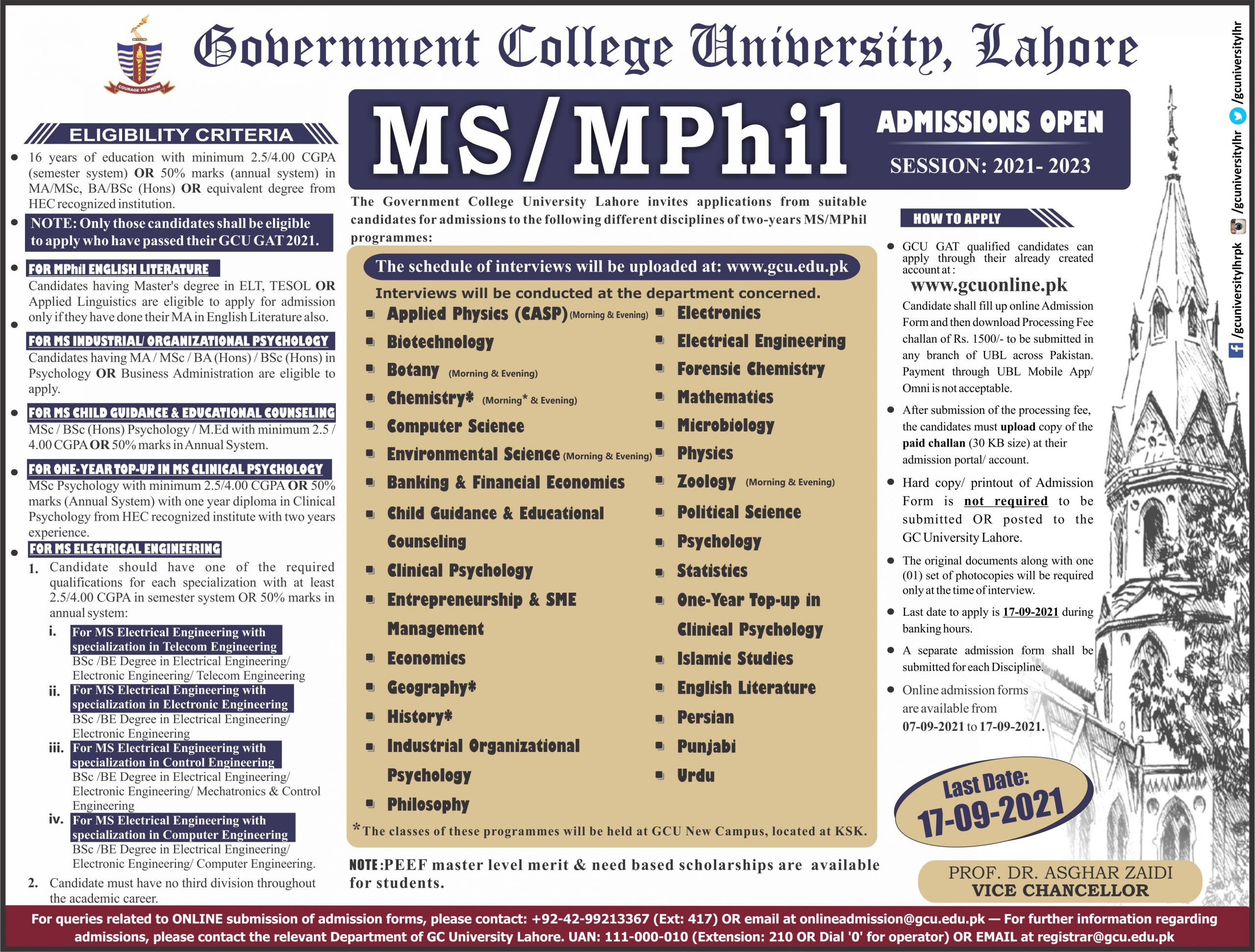 gcu fall 2023 Gcu Lahore Ms, M.phil Admissions 2022