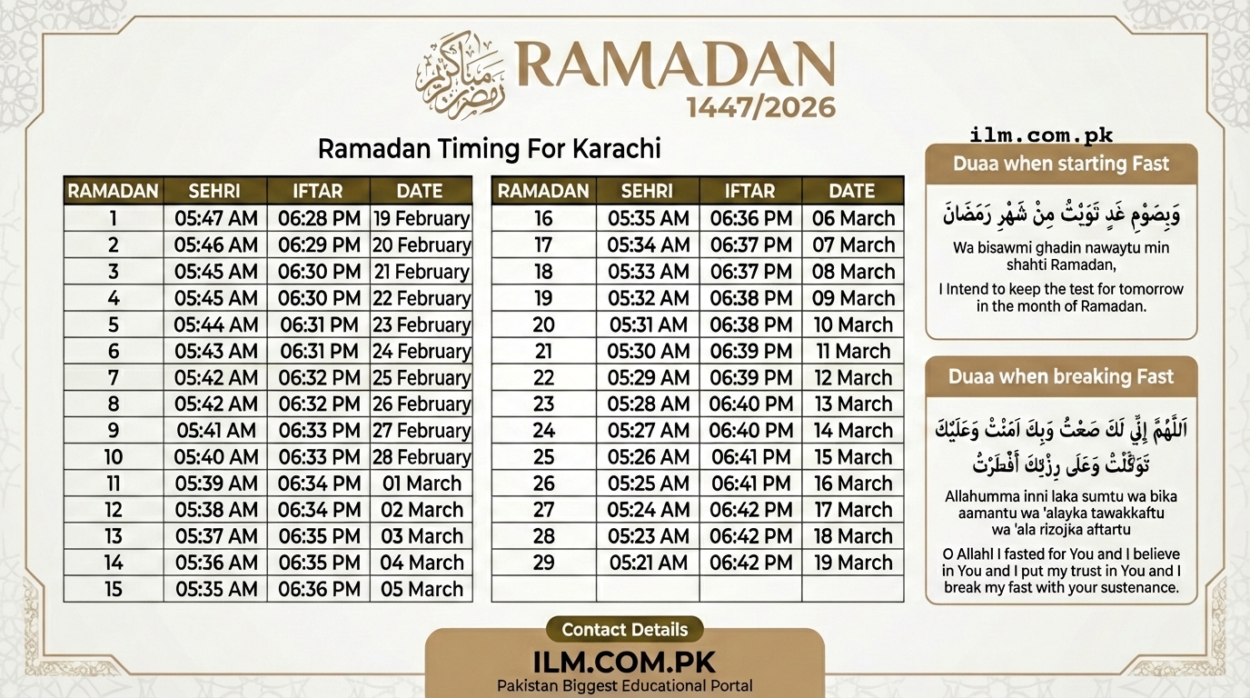 Karachi Ramadan Calendar 2026 Sehri, Iftar Time