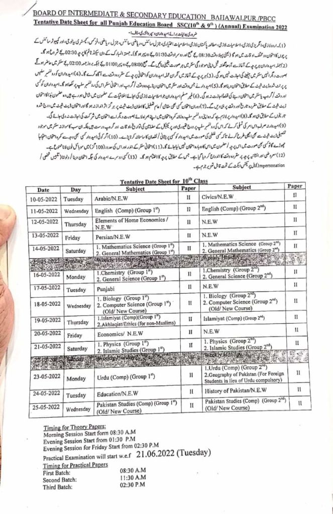 Class 10 Federal Board Date Sheet 2022 Preparation Point